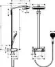 Hansgrohe Duschsystem mit Regenbrause, Handbrause und Bedienfeld. Die Montage erfolgt vertikal. Abmessungen und Details sind im technischen Zeichnungsstil dargestellt.